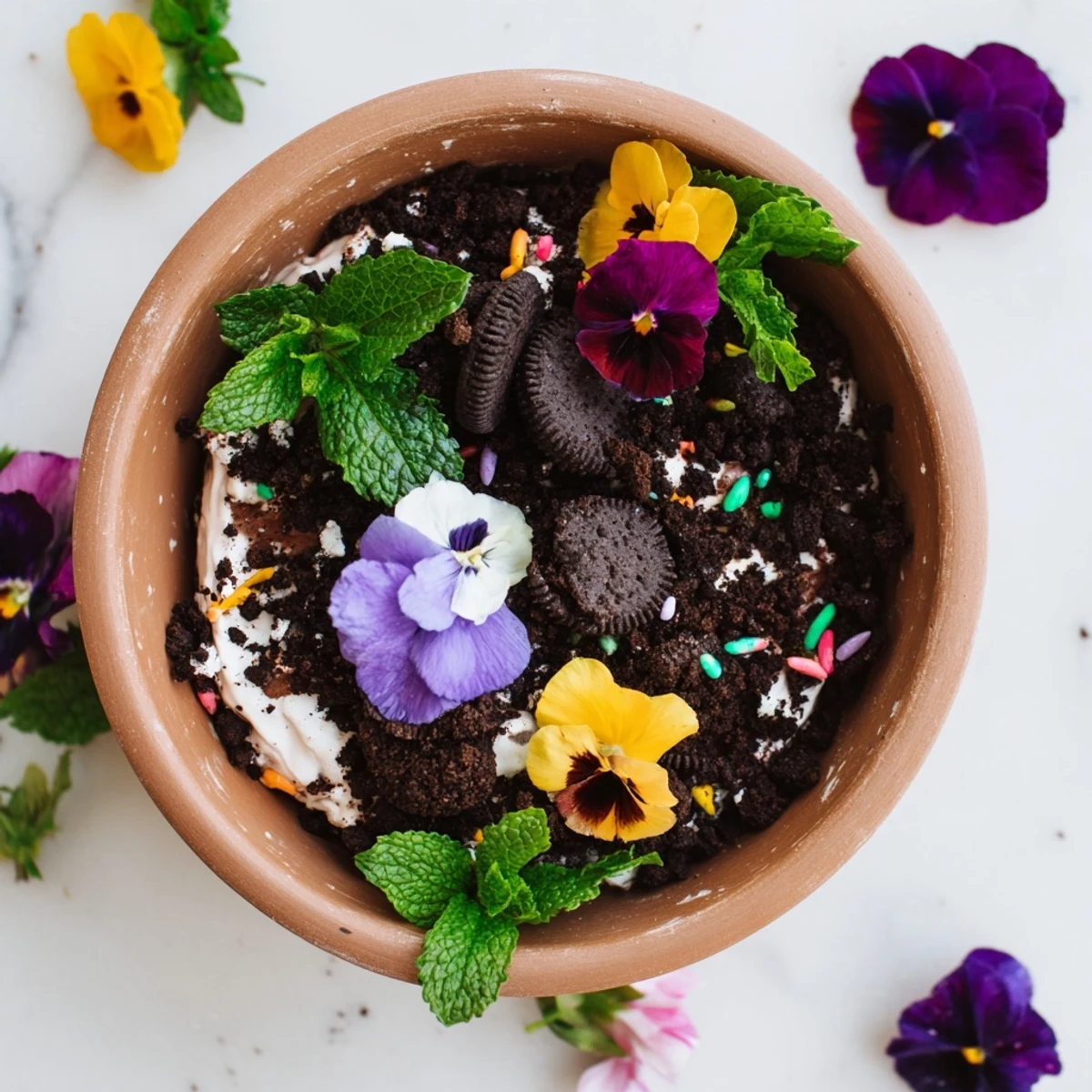 Edible potted floral garden with layers of moist chocolate cake, whipped cream, and colorful blooms nestled in crushed cookie soil