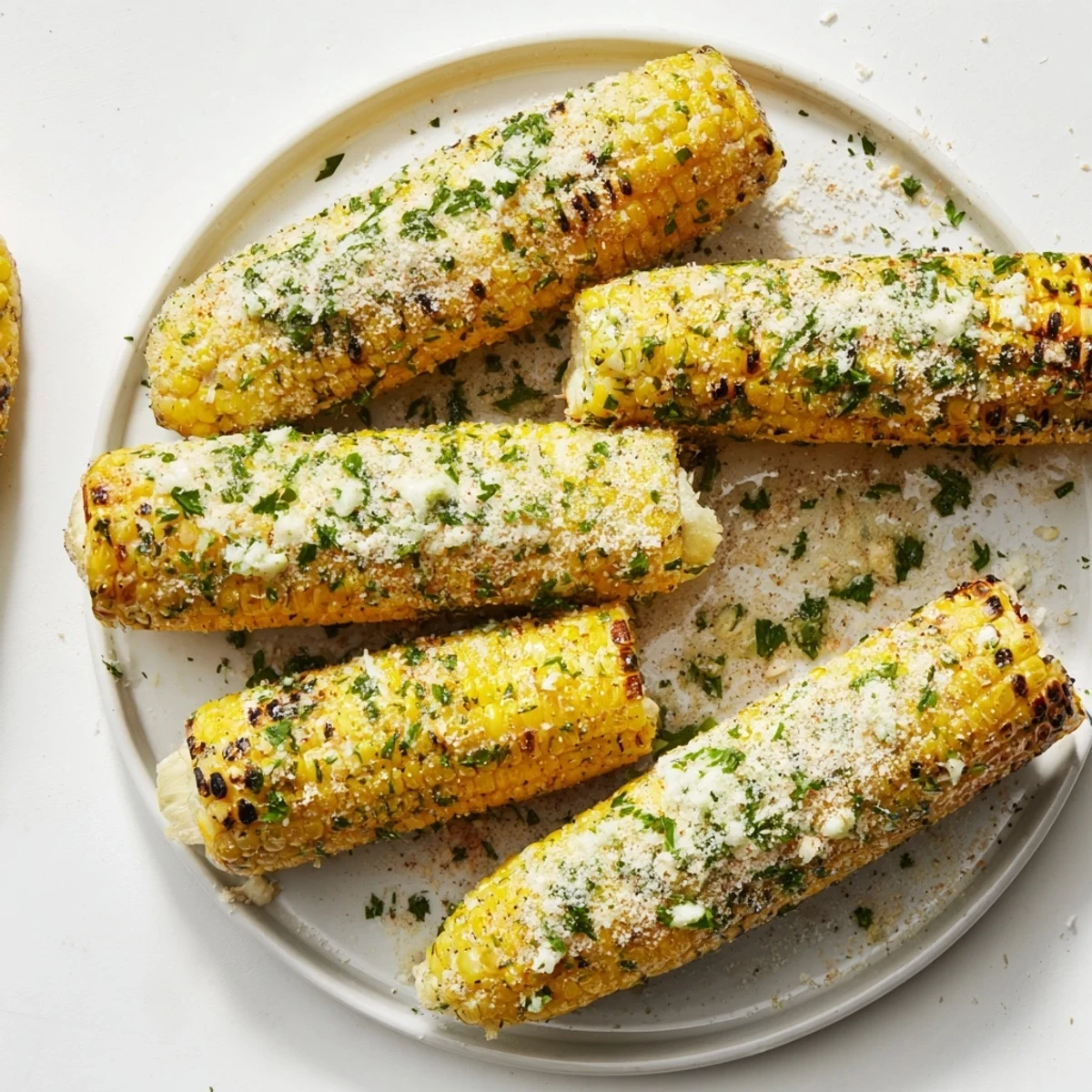 Flame-grilled corn on the cob coated with zesty parmesan ranch herb mixture and fresh parsley