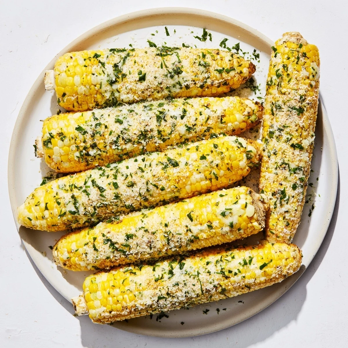 Golden grilled corn ears sprinkled generously with savory ranch-parmesan seasoning and chopped green herbs
