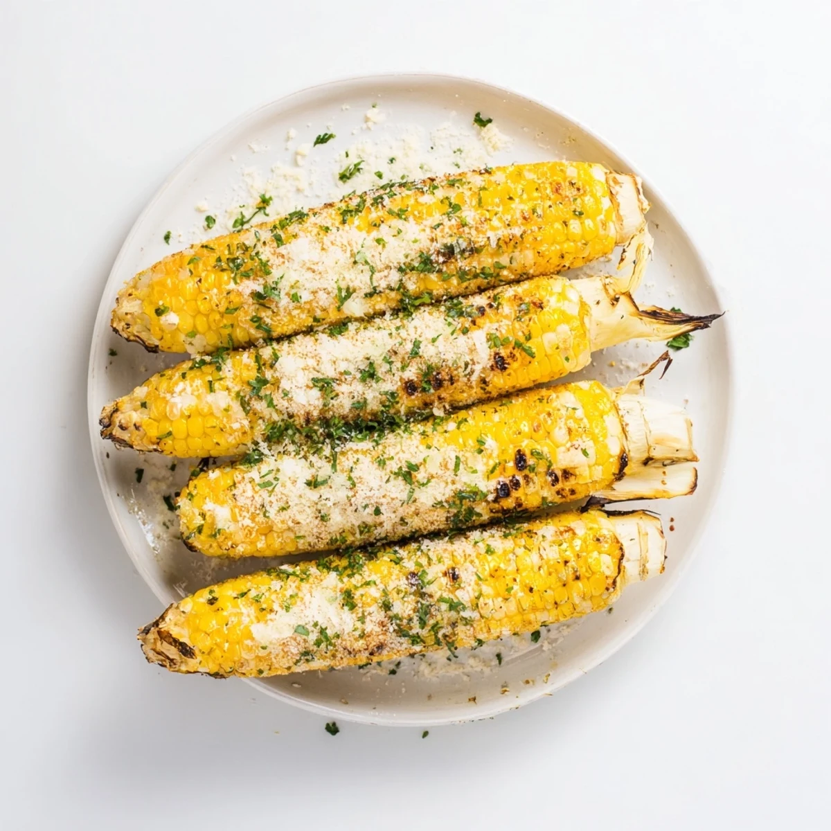 Charred sweet corn on the cob brushed with herb butter and dusted with parmesan ranch coating