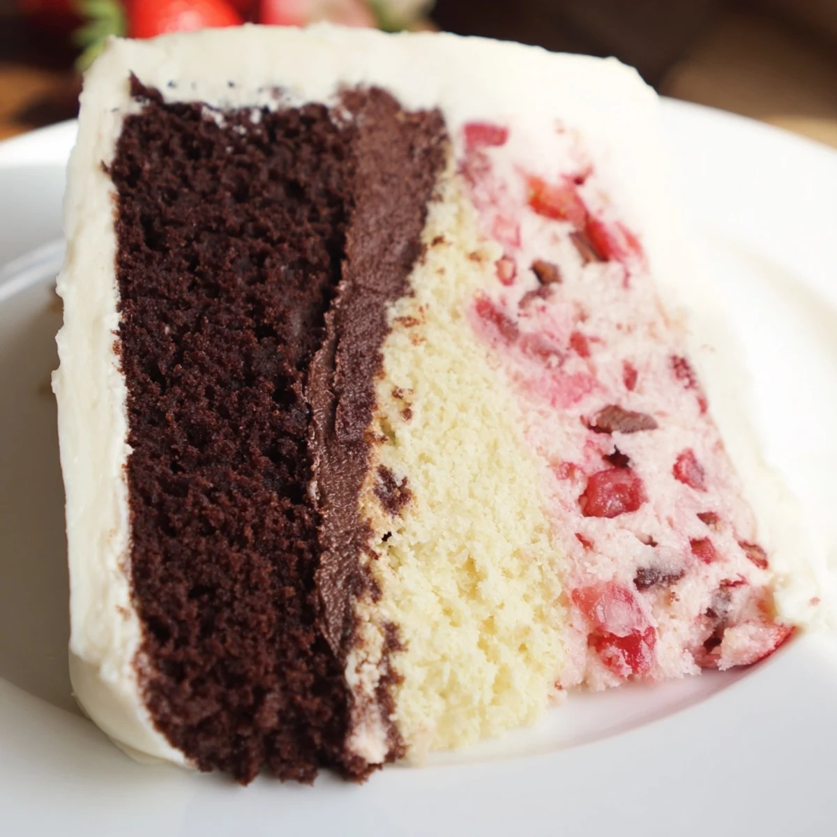 Three-layer Neapolitan cake with chocolate, strawberry, and vanilla tiers swirled with creamy buttercream frosting