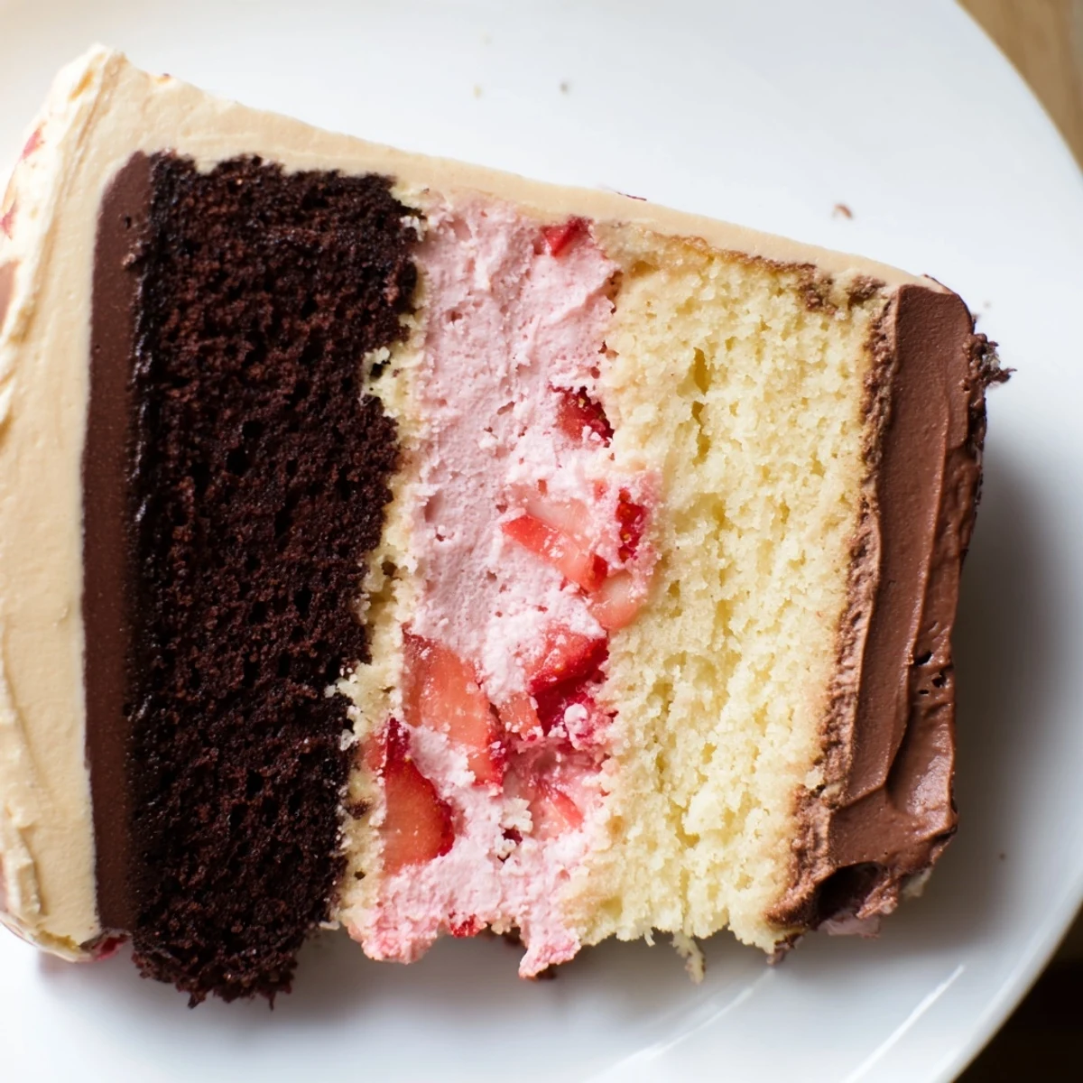 Slice of Neapolitan cake revealing colorful horizontal layers of chocolate, vanilla, and strawberry sponge
