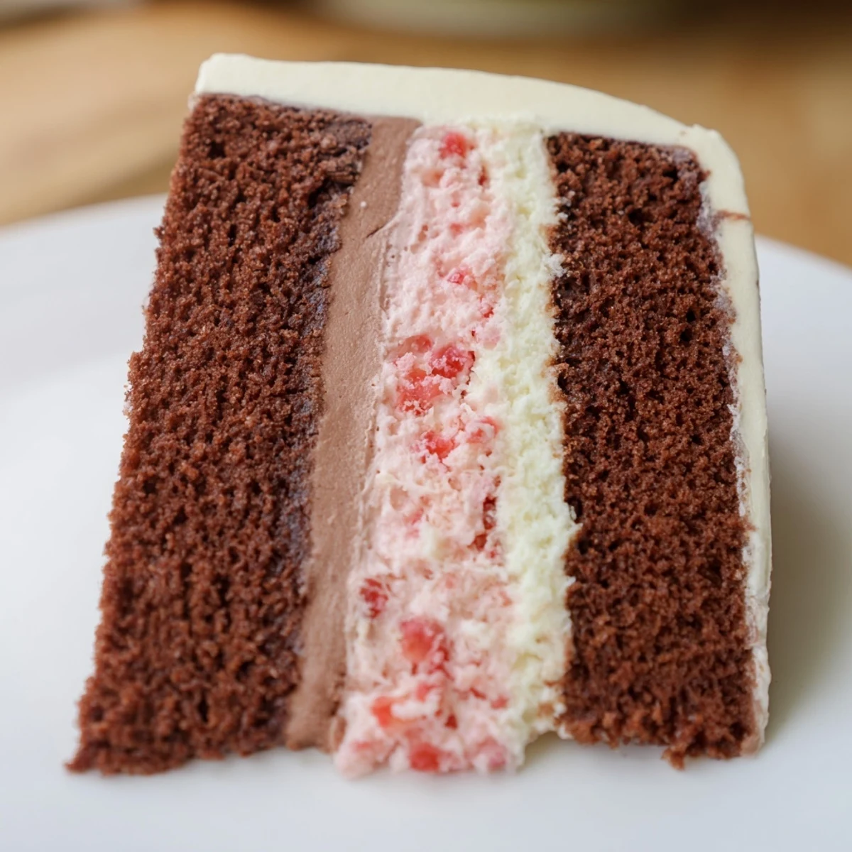 Homemade Neapolitan cake stacked with pink, white, and brown layers frosted in smooth white buttercream