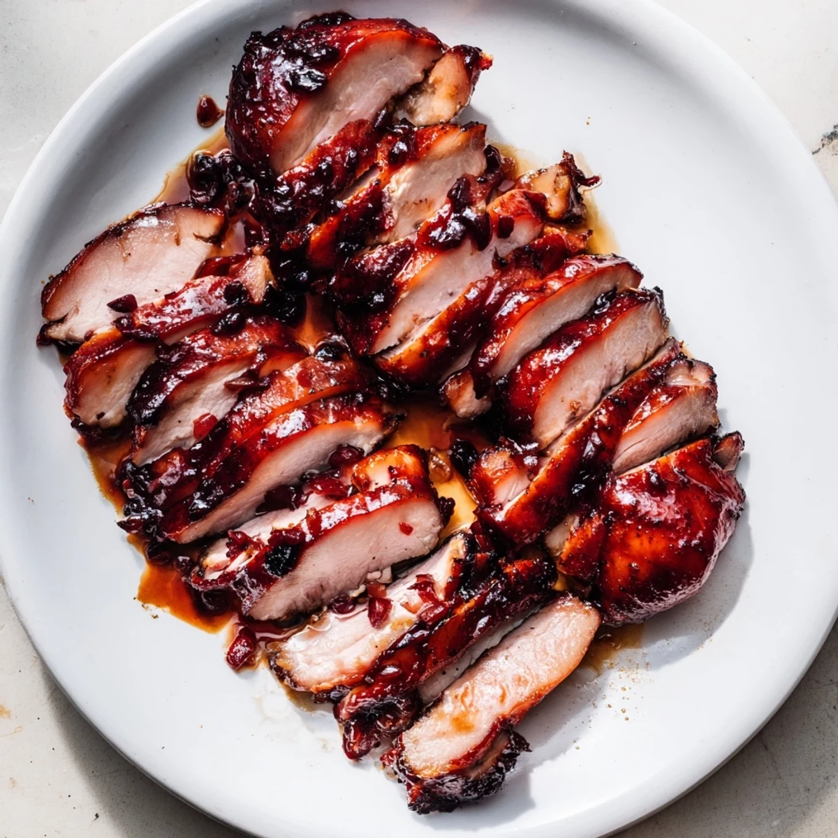 Golden glazed Char Siu chicken pieces arranged on a white serving platter with glossy caramelized edges