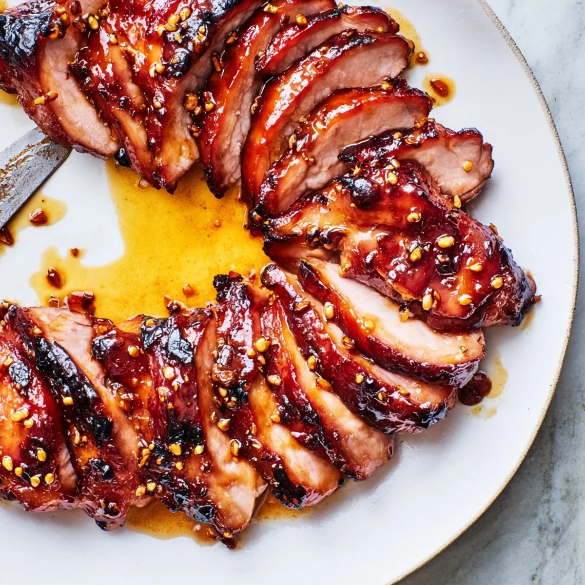Savory Cantonese barbecue chicken thighs sliced crosswise showing tender pink meat and sticky red char siu glaze