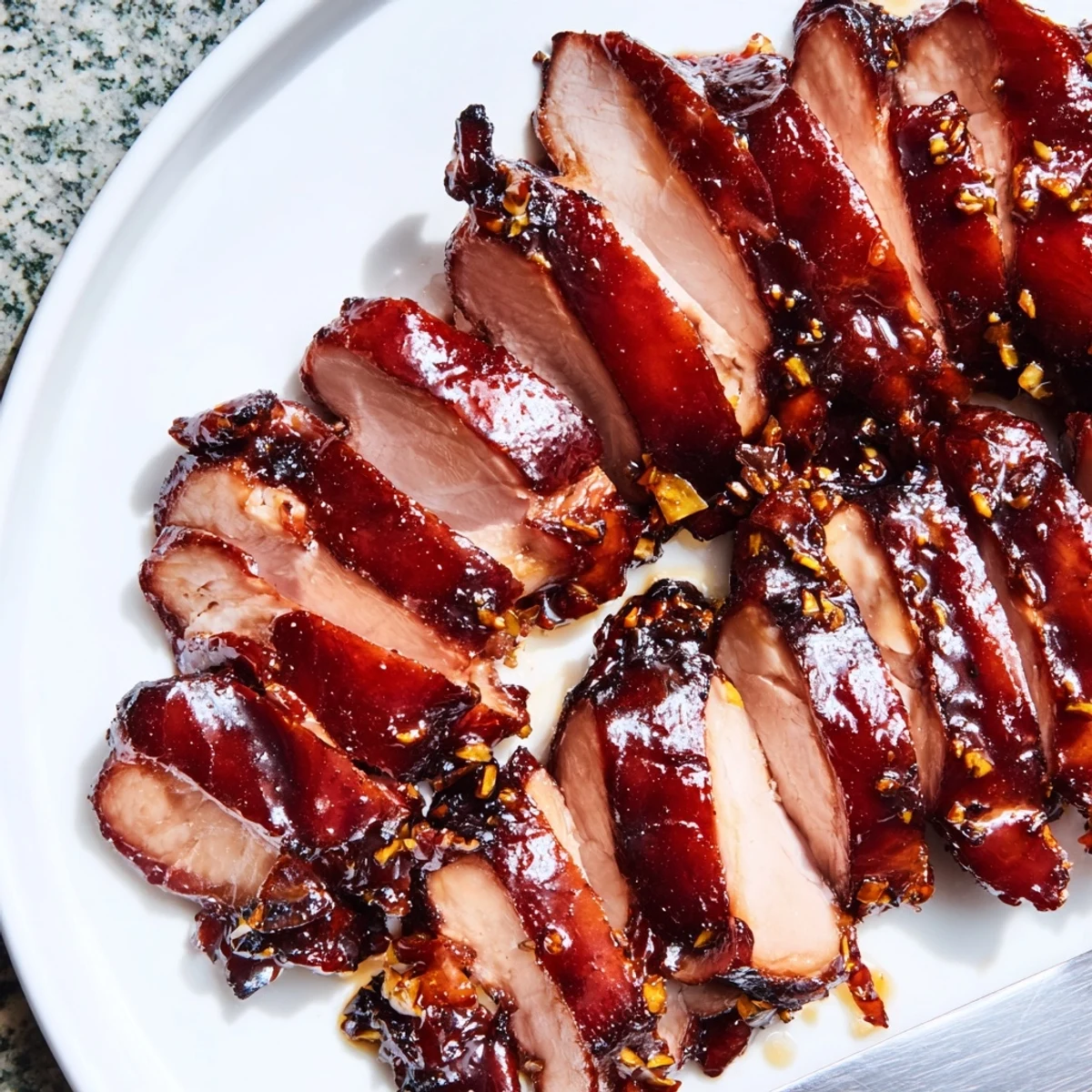 Grilled chicken brushed with honey char siu sauce resting on a wooden board with garnish of sliced green onions
