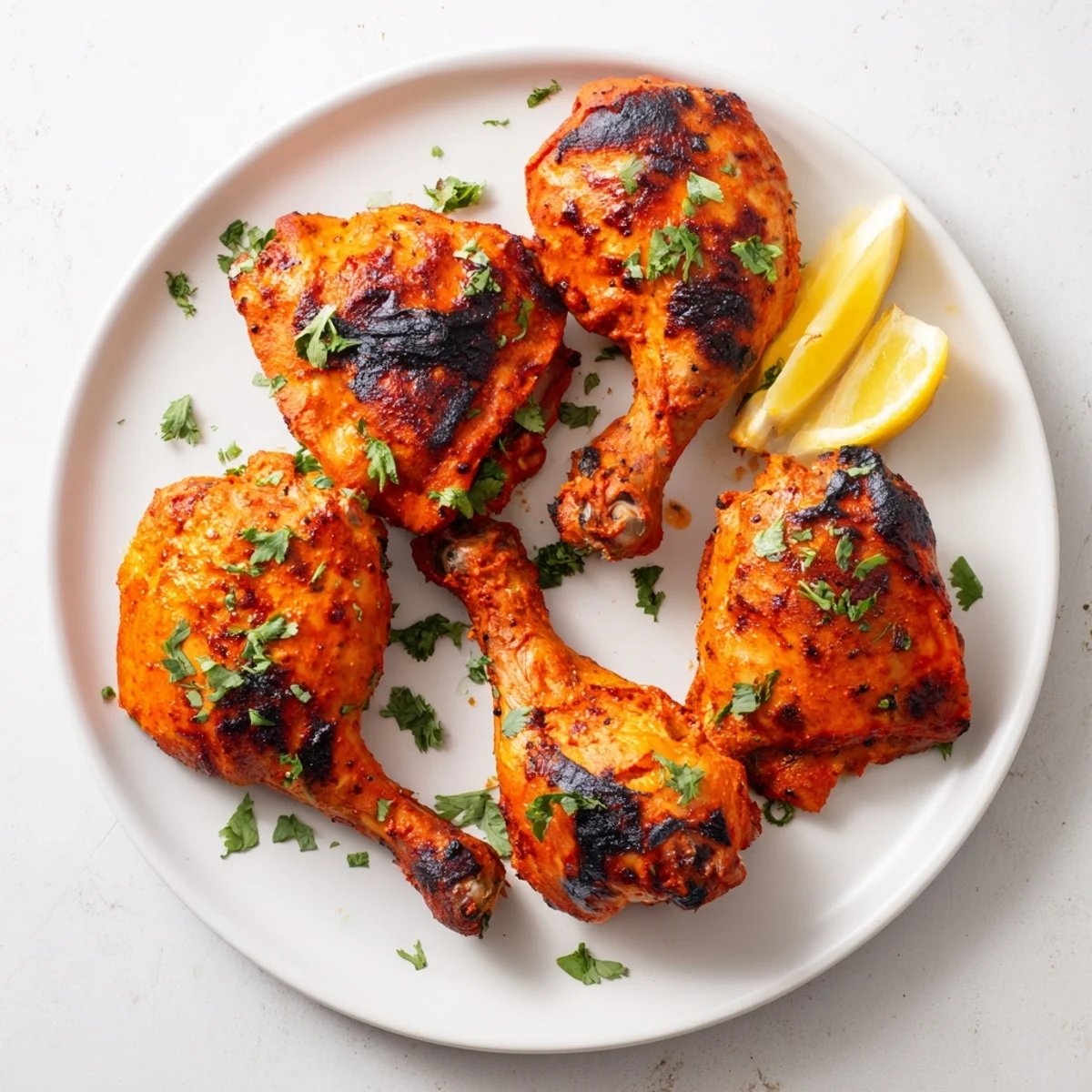 Golden Tandoori Chicken pieces with charred edges served on a white plate with fresh cilantro garnish and lemon wedges