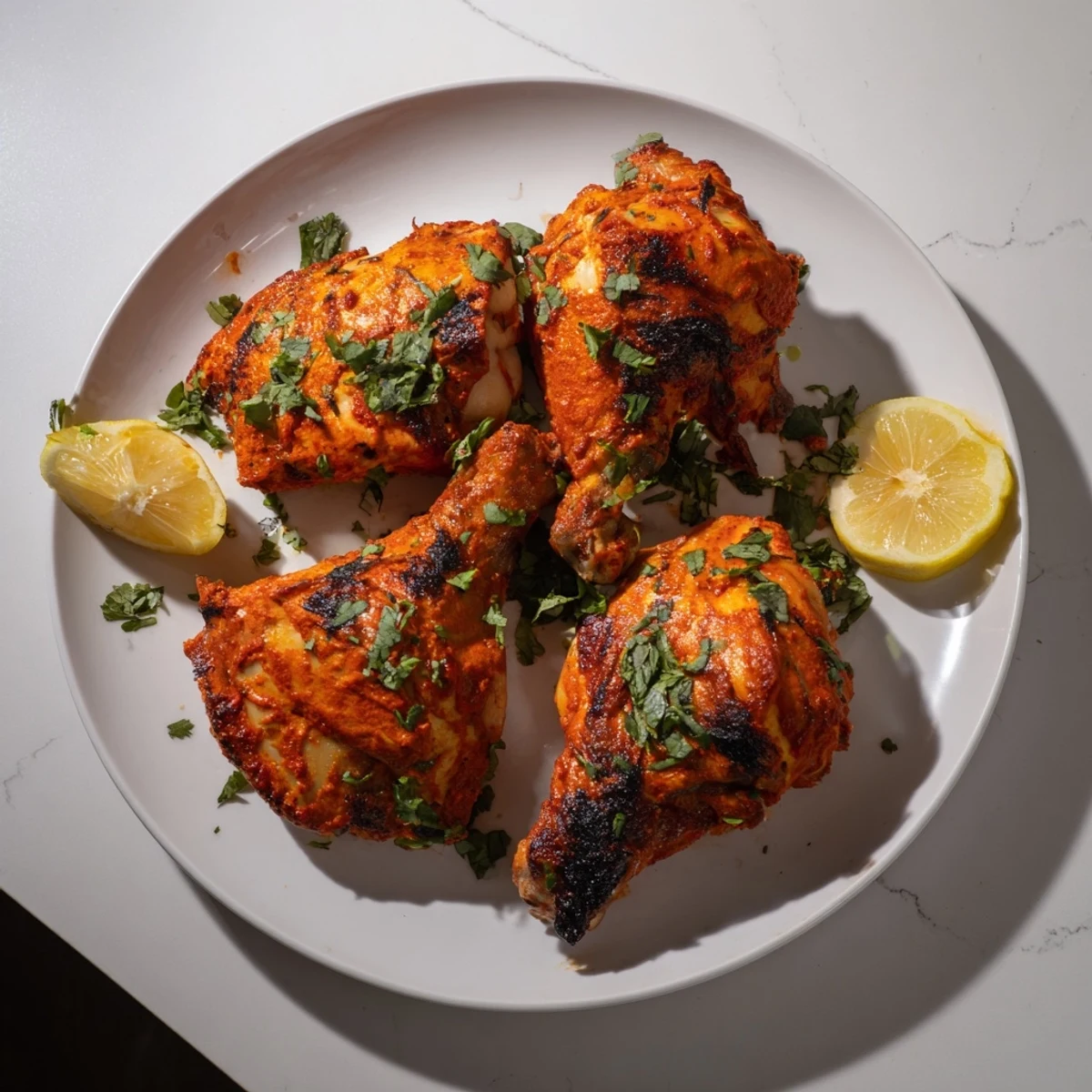Succulent spiced chicken thighs roasted to smoky perfection with vibrant red orange marinade and green herb topping