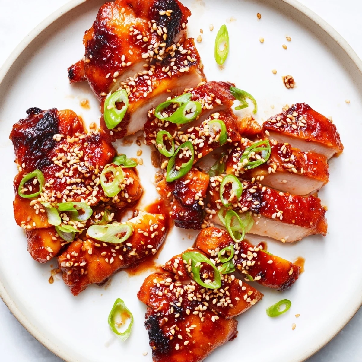 Golden glazed authentic char siu chicken thighs resting on a wire rack with caramelized edges and garnished with fresh green onions