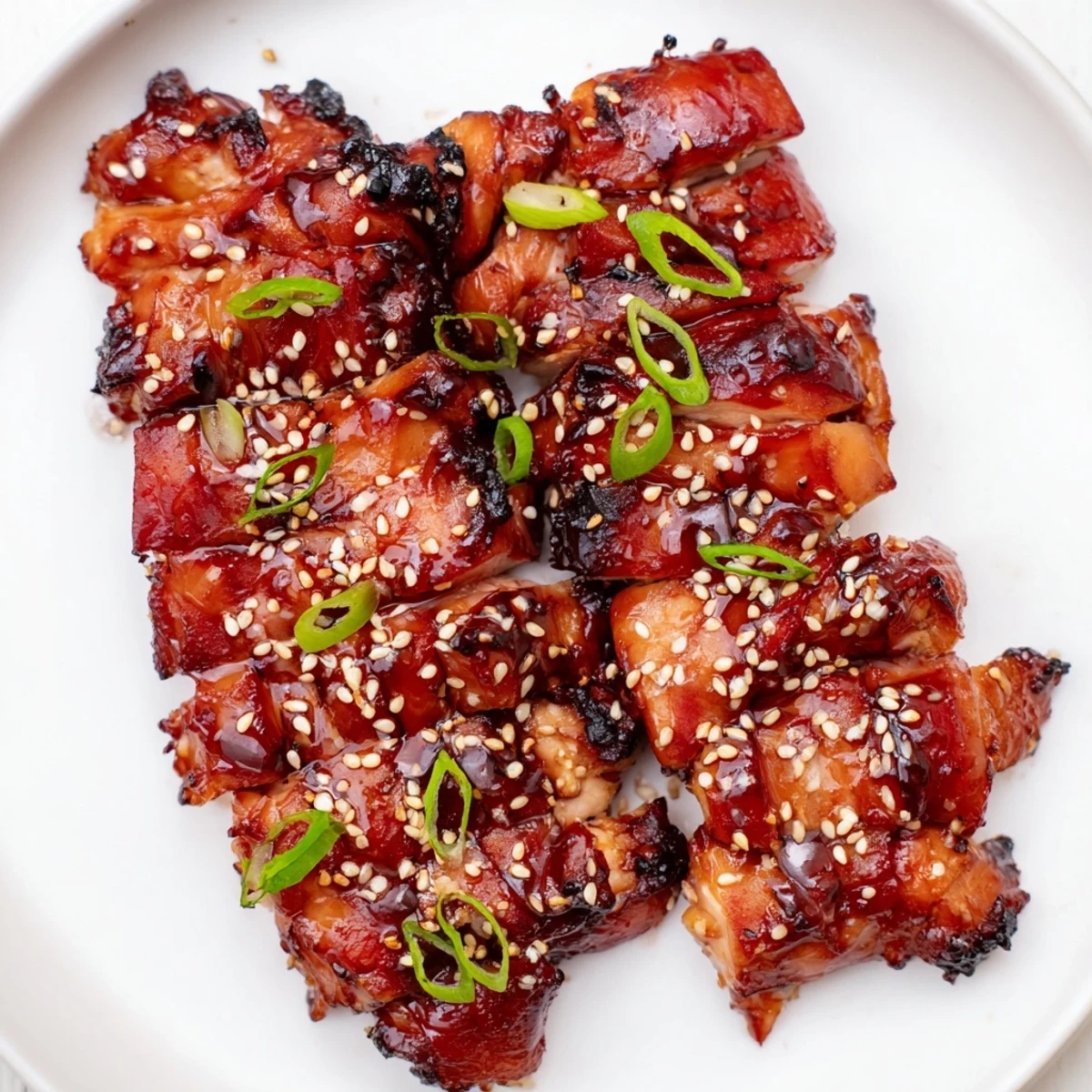 Succulent roasted authentic char siu chicken pieces brushed with sweet sticky sauce and finished with toasted sesame seeds
