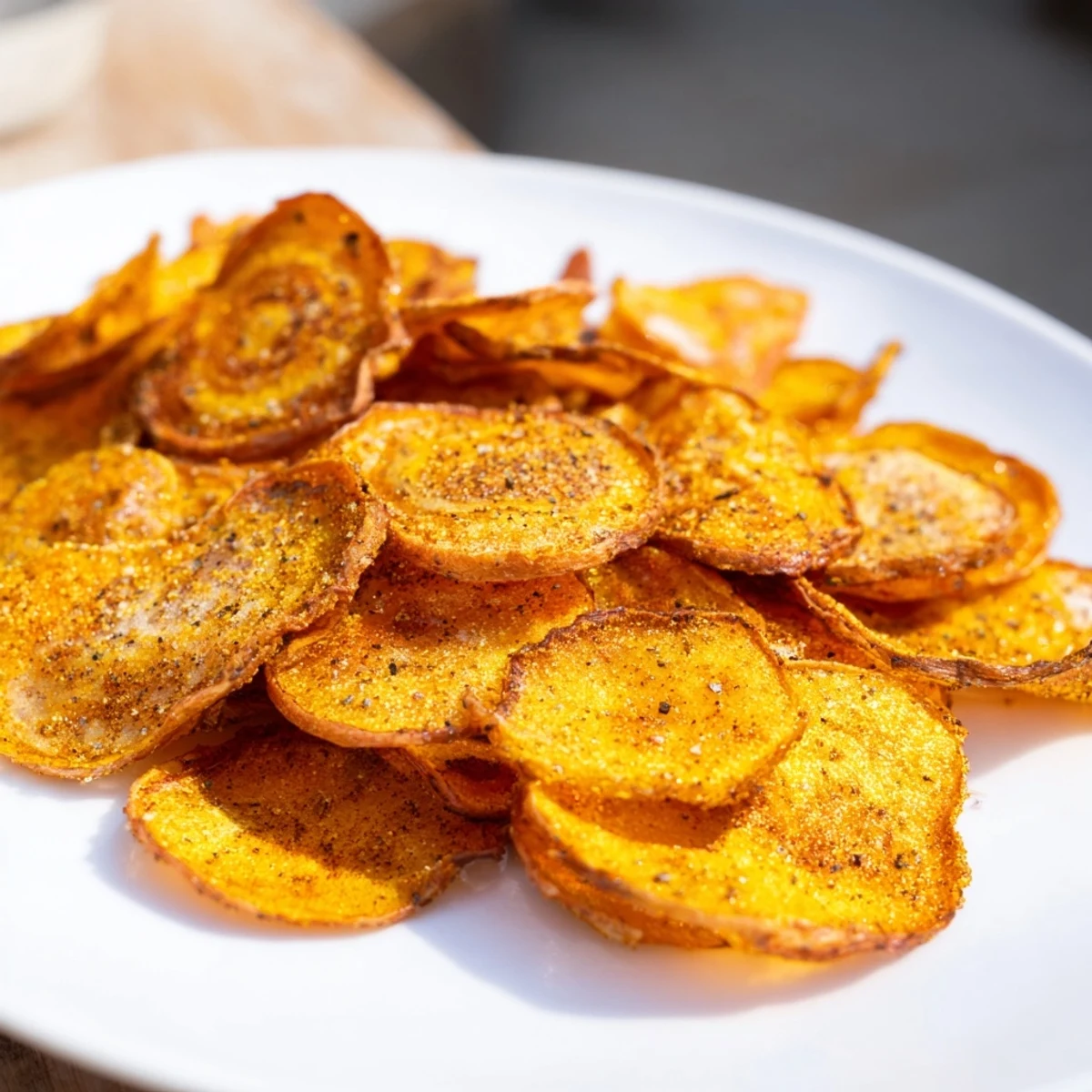 A bowl filled with seasoned radish chips fresh from the air fryer, light and crispy vegetable snack for healthy eating.
