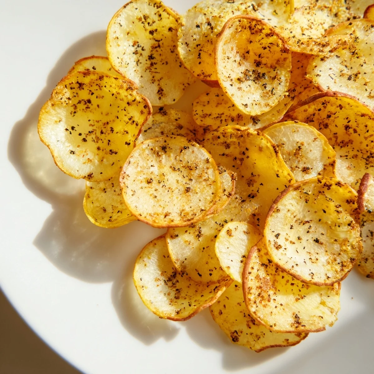 Golden brown air fryer radish chips arranged on a white serving plate, crispy low-carb snack alternative to potato chips.