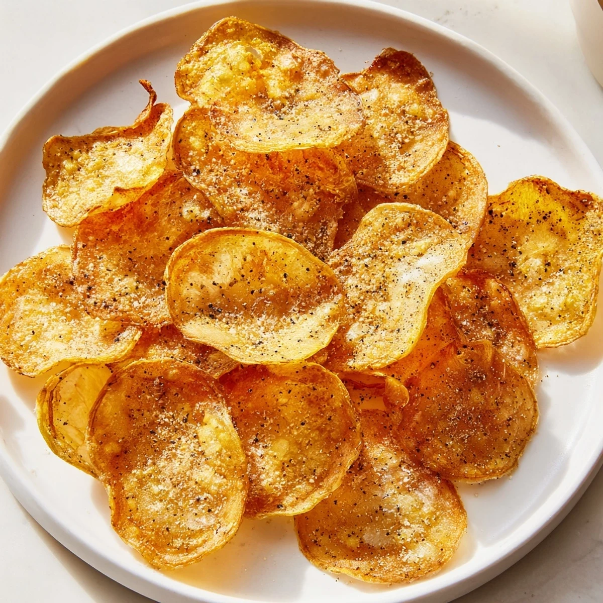 Thinly sliced radishes transformed into crunchy golden chips in the air fryer basket, sprinkled with spices for a savory low-carb treat.