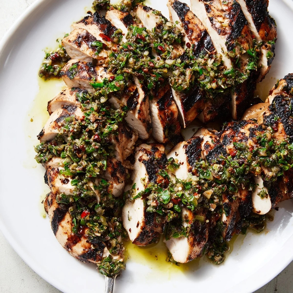 Juicy Grilled Chimichurri Chicken with char marks, vibrant herb sauce drizzle