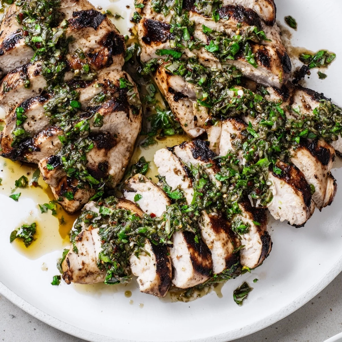 Grilled Chimichurri Chicken resting on platter, vibrant green sauce and garlic aroma