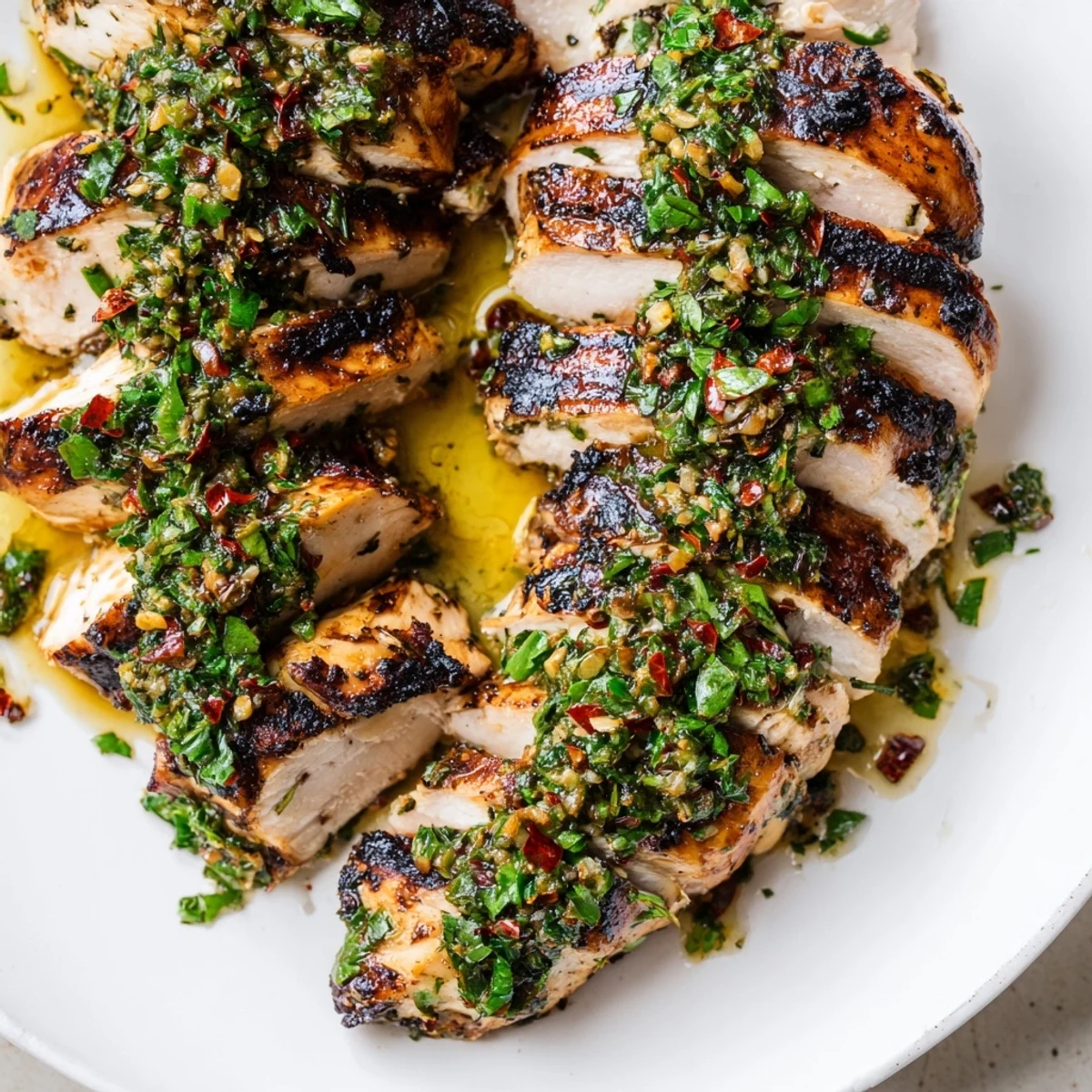 Sliced on a board, Grilled Chimichurri Chicken paired with grilled vegetables