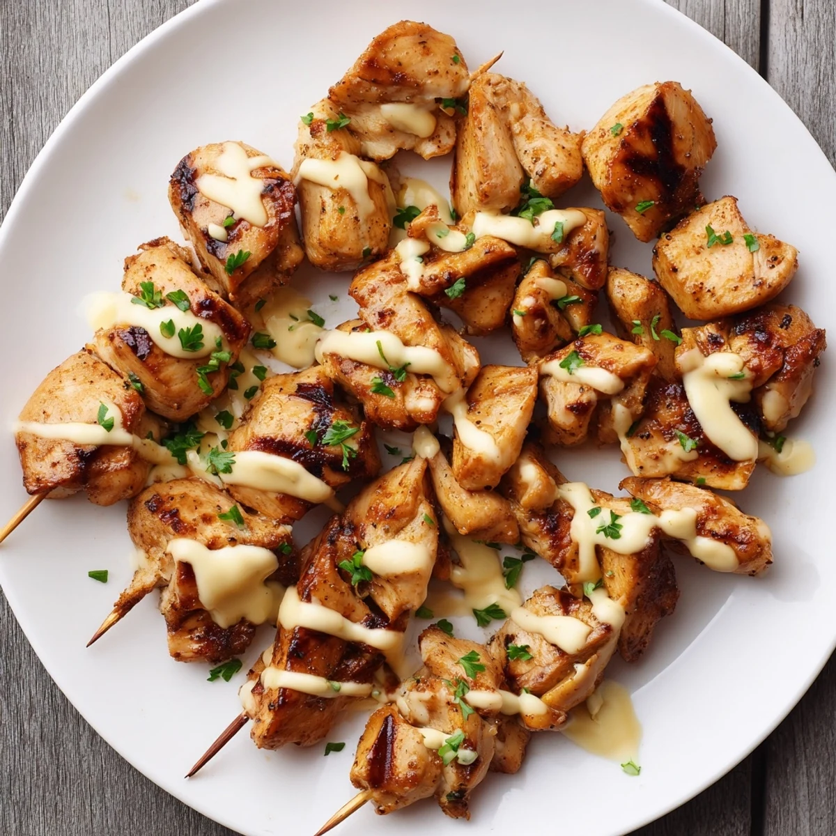 Grilled Chicken Bites With Creamy Garlic Sauce, juicy charred pieces with dipping bowl