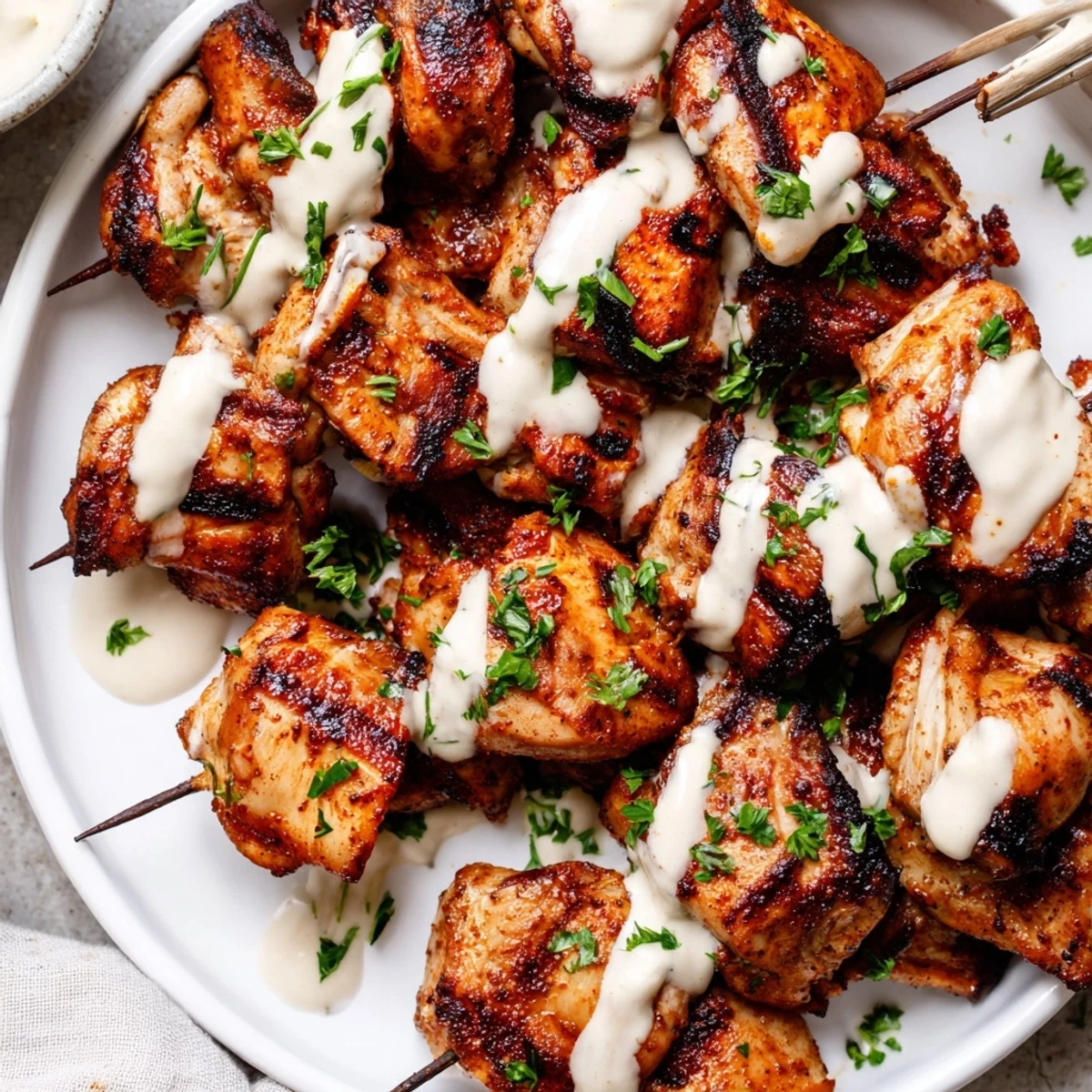 A bed of greens beneath skewers of Grilled Chicken Bites With Creamy Garlic Sauce