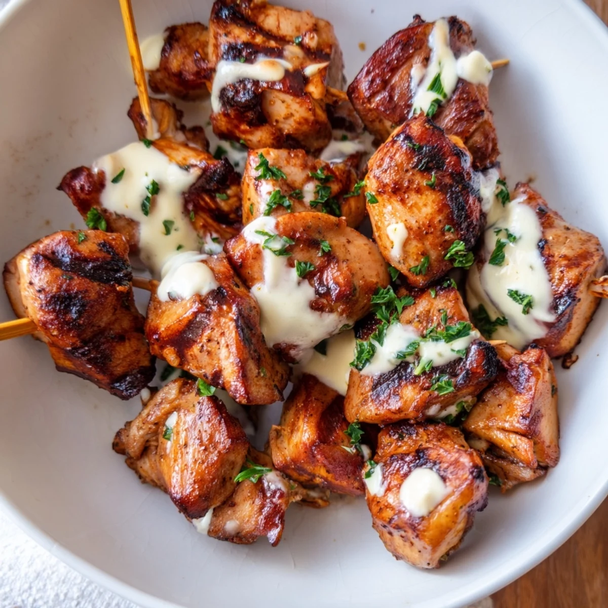 Smoky, lemony Grilled Chicken Bites With Creamy Garlic Sauce ready for sharing