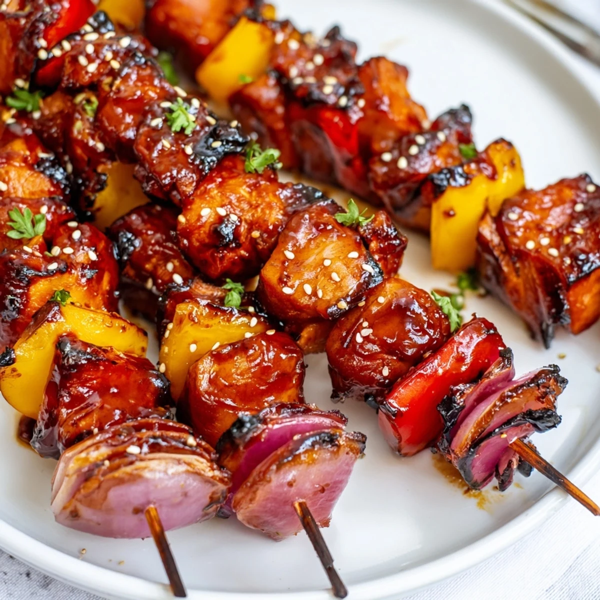 Juicy Honey Garlic BBQ Chicken Skewers glistening with sticky glaze, charred edges