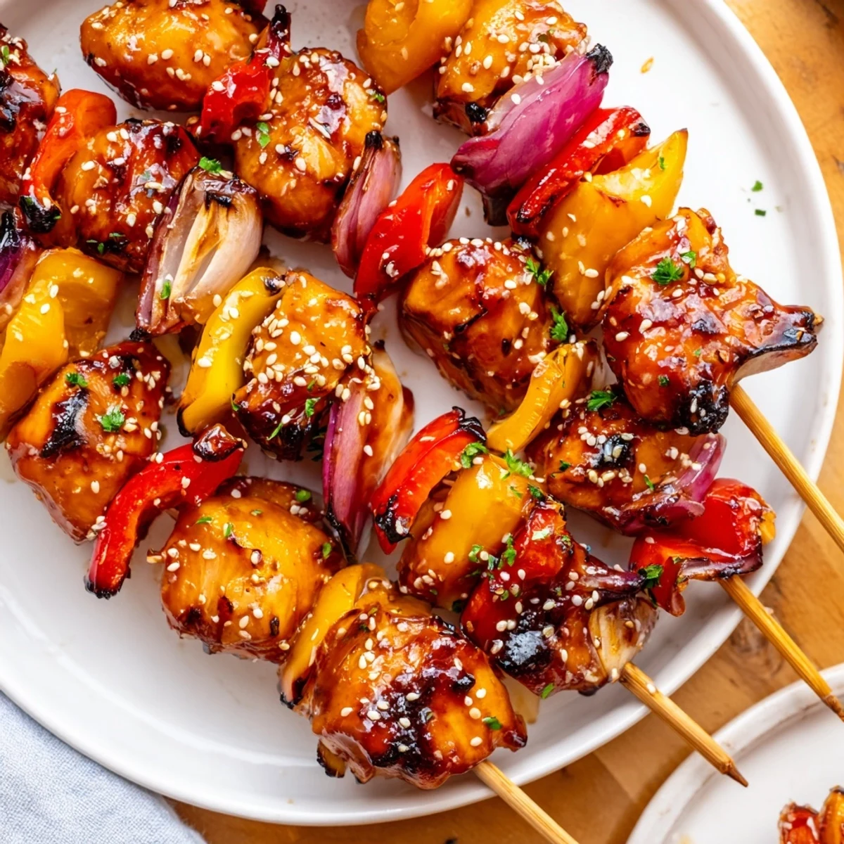 Smoky grilled Juicy Honey Garlic BBQ Chicken Skewers piled on platter