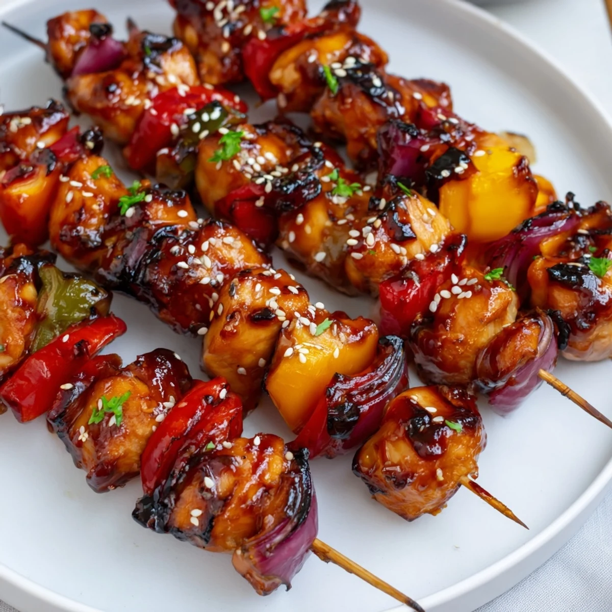 Dinner-ready Juicy Honey Garlic BBQ Chicken Skewers plated with sesame seeds