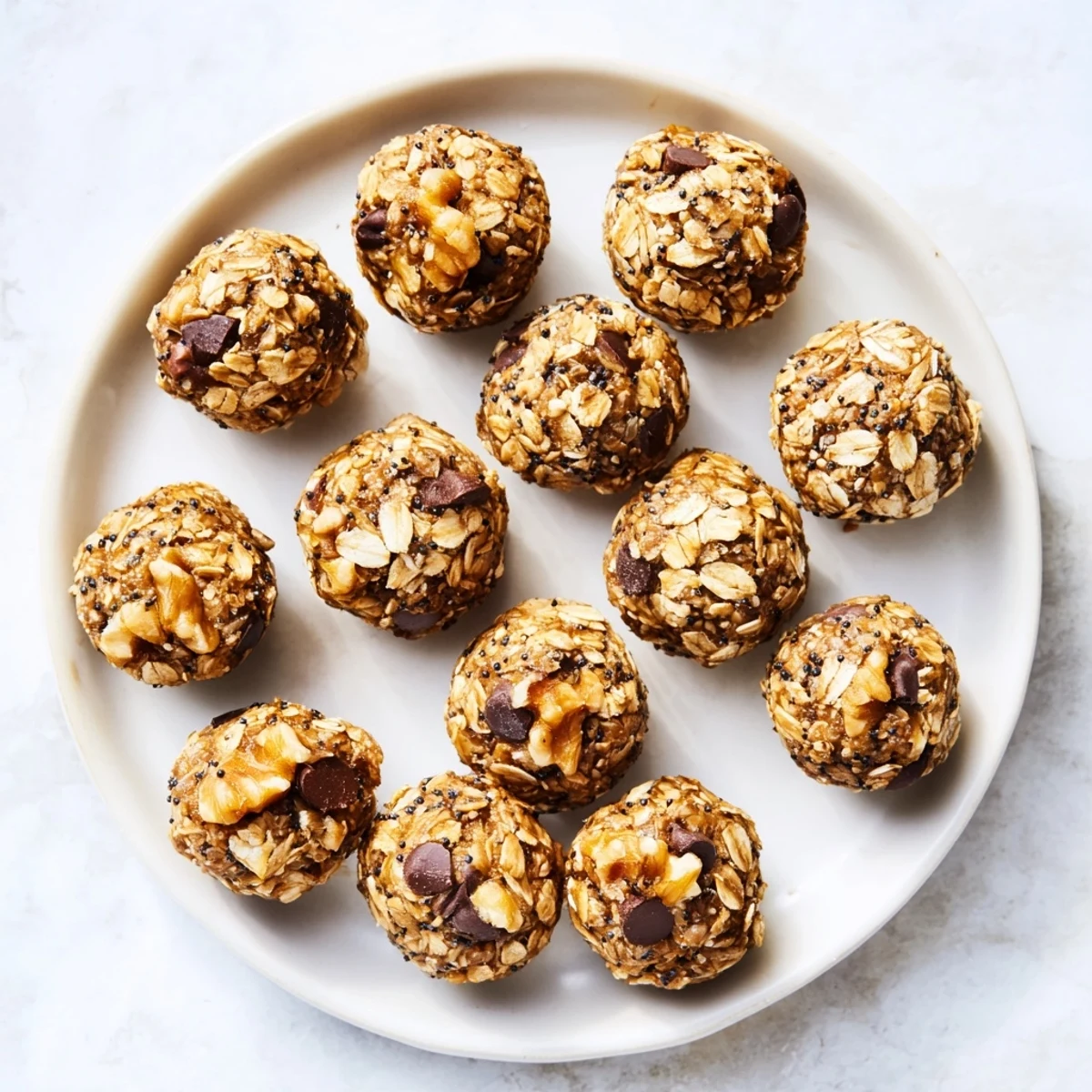 Homemade banana bread energy balls rolled with dark chocolate chips and walnuts on a wooden board