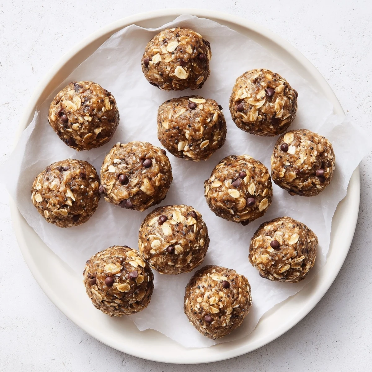 Golden oat energy balls flavored with banana and vanilla, topped with chopped pecans on a white plate