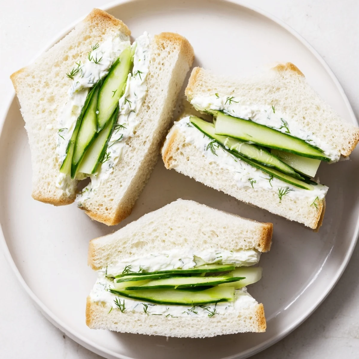 Homemade cucumber salad sandwiches arranged on serving plate with red onion speckled cream cheese spread