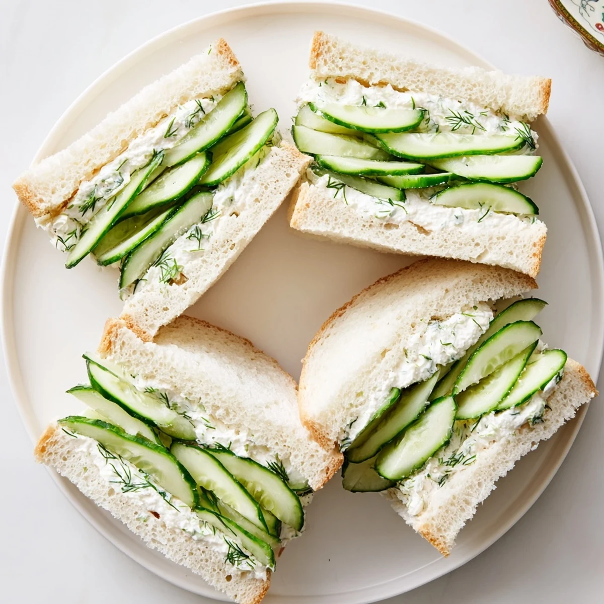 Tea-style cucumber salad sandwiches cut into triangles showcasing layered cucumbers and dill cream cheese filling