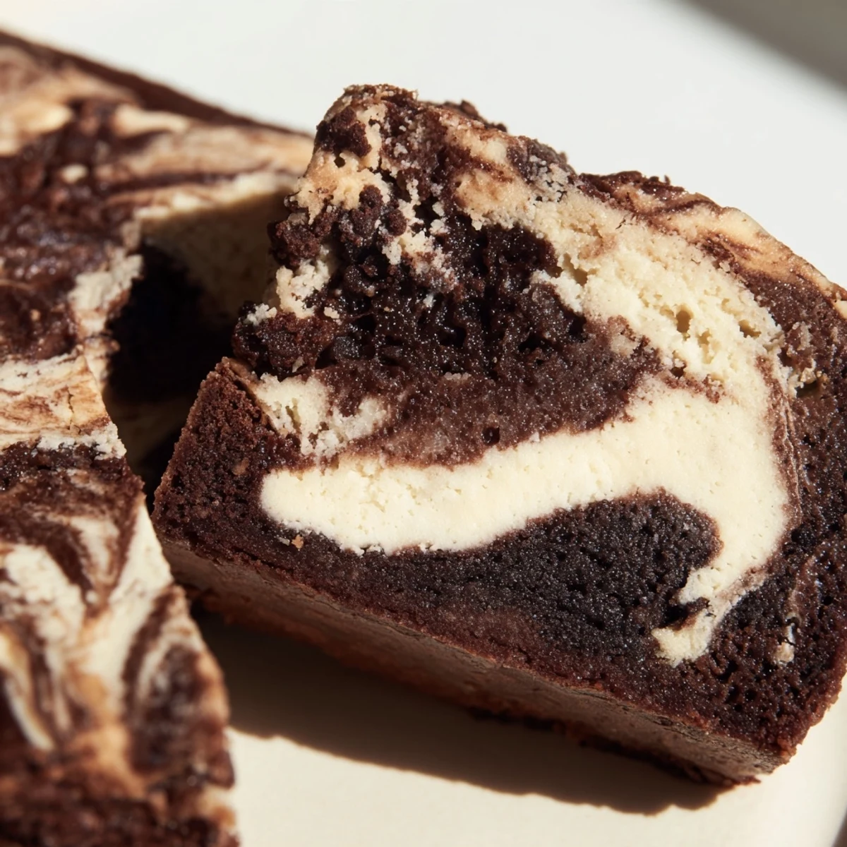 Golden brown sourdough brownie bars with marbled cheesecake topping, freshly sliced for serving