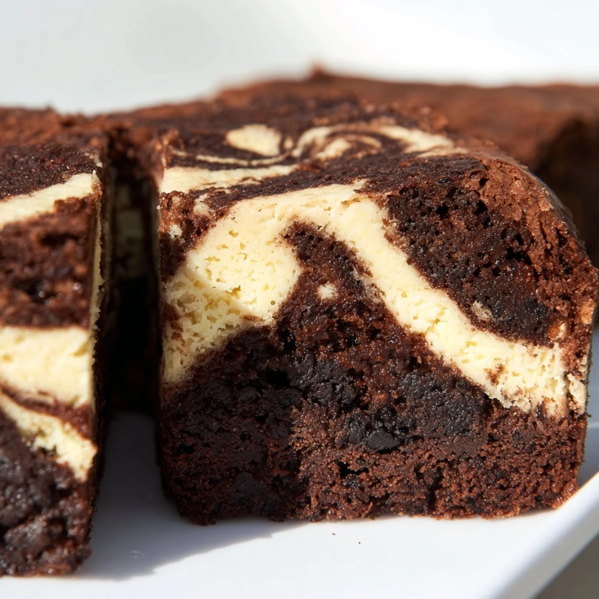 Fudgy sourdough cheesecake brownie bars swirled with creamy cheesecake layer on a white plate