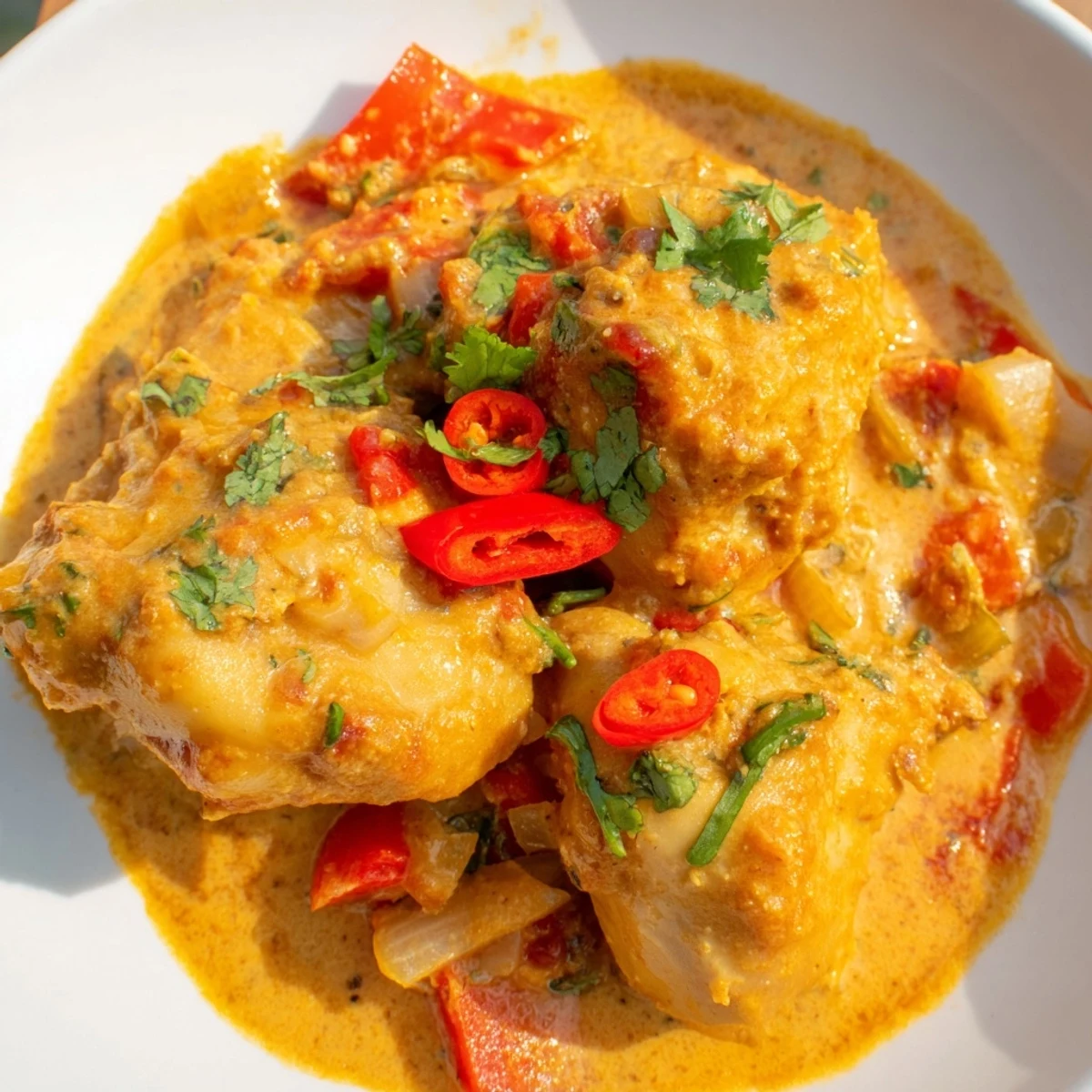 Golden chicken pieces swim in rich creamy coconut sauce topped with fresh green cilantro and red bell pepper strips