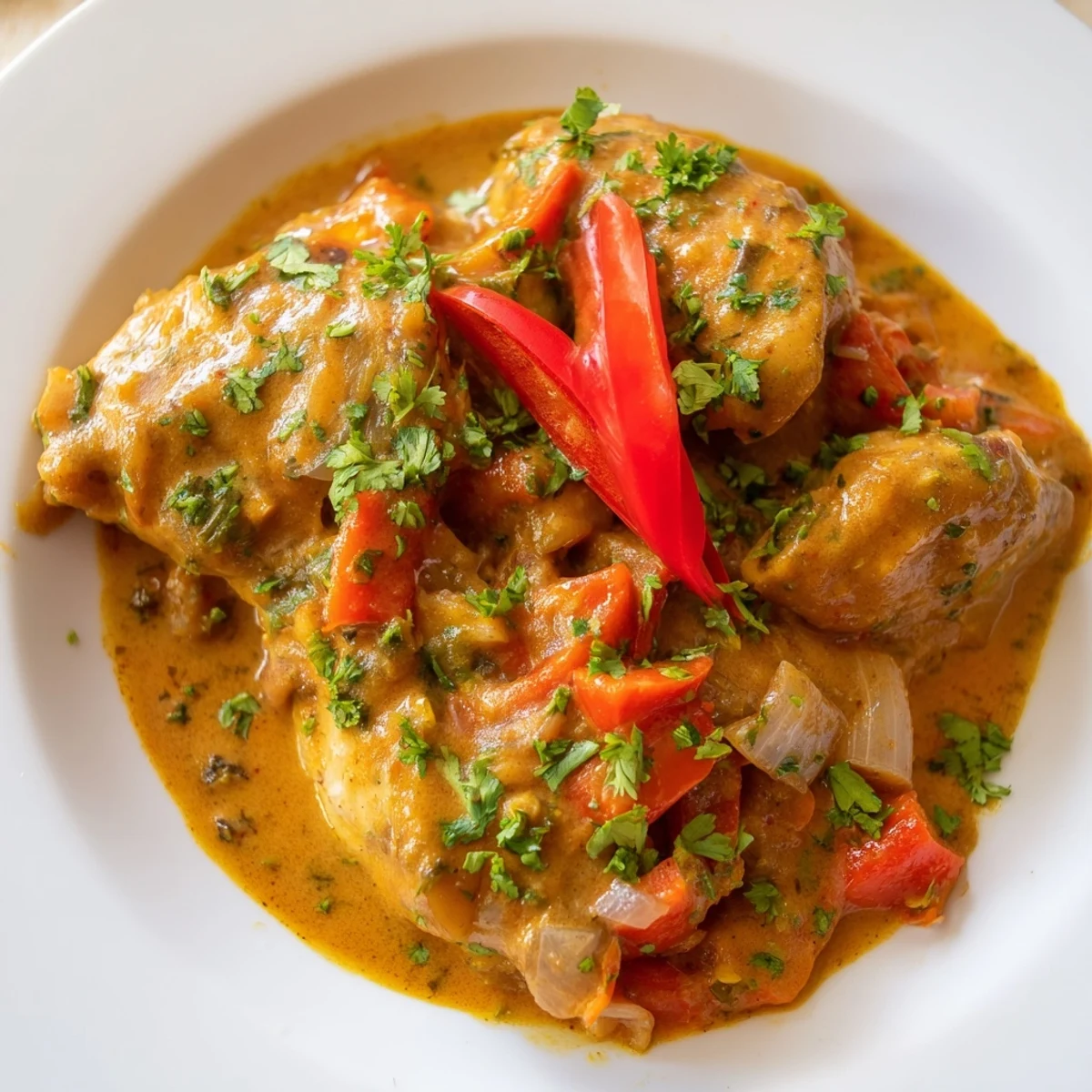 Tender spicy Brazilian coconut chicken served in a white bowl with fluffy white rice and lime wedge garnish