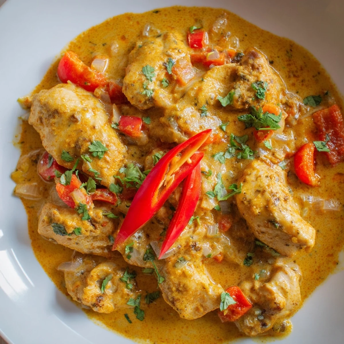 Creamy coconut milk chicken curry garnished with vibrant red pepper slices and chopped fresh cilantro over steamed white rice