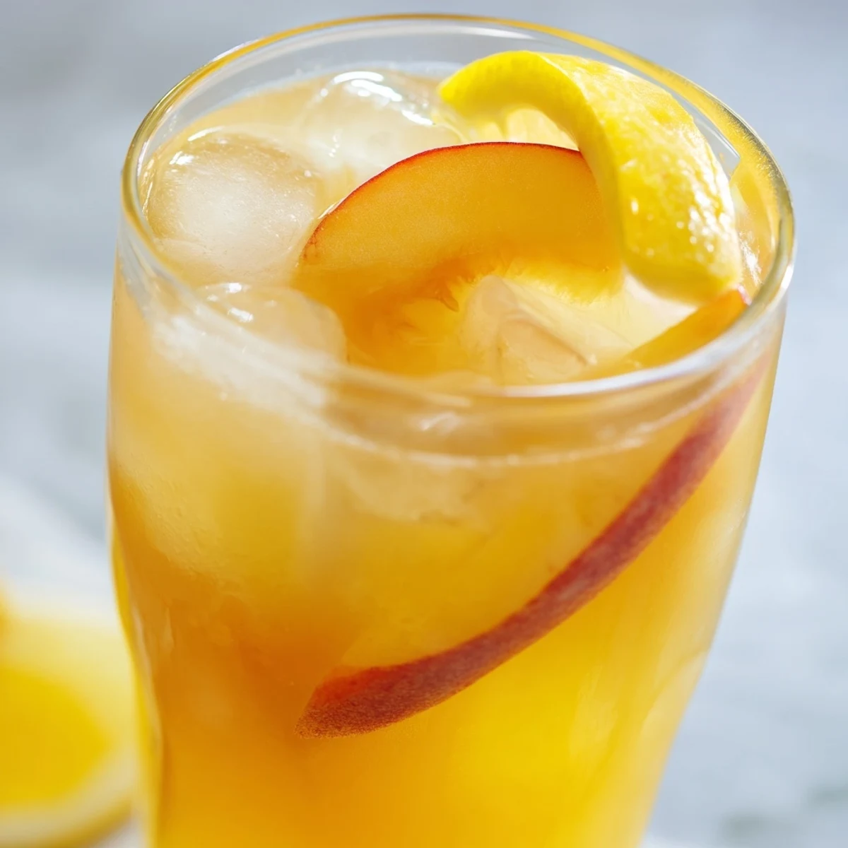 Glass pitcher of fresh peach lemonade garnished with peach slices and lemon wheels