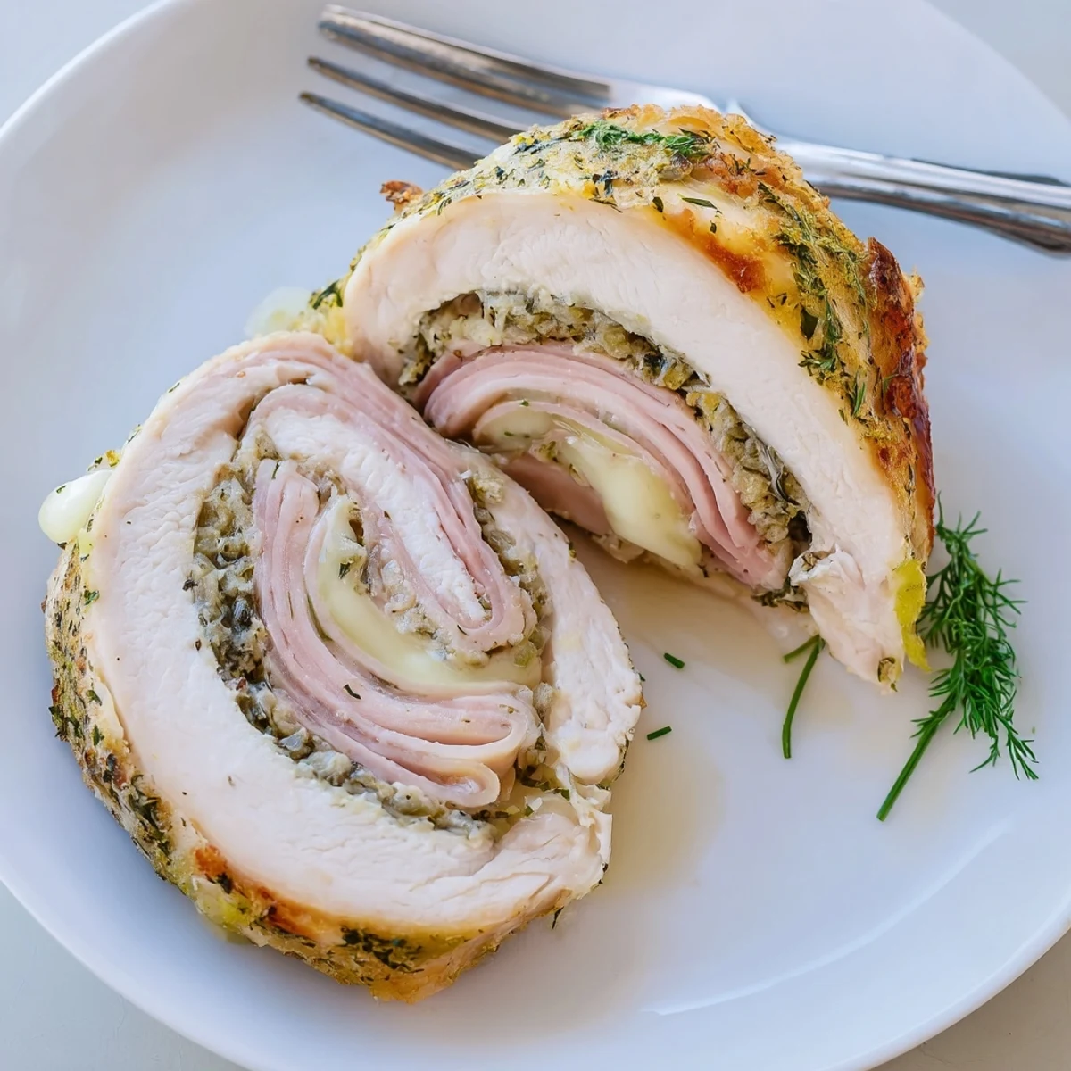 Homestyle Crispy Pickle Brined Chicken Rolls resting on parchment, herb-flecked filling