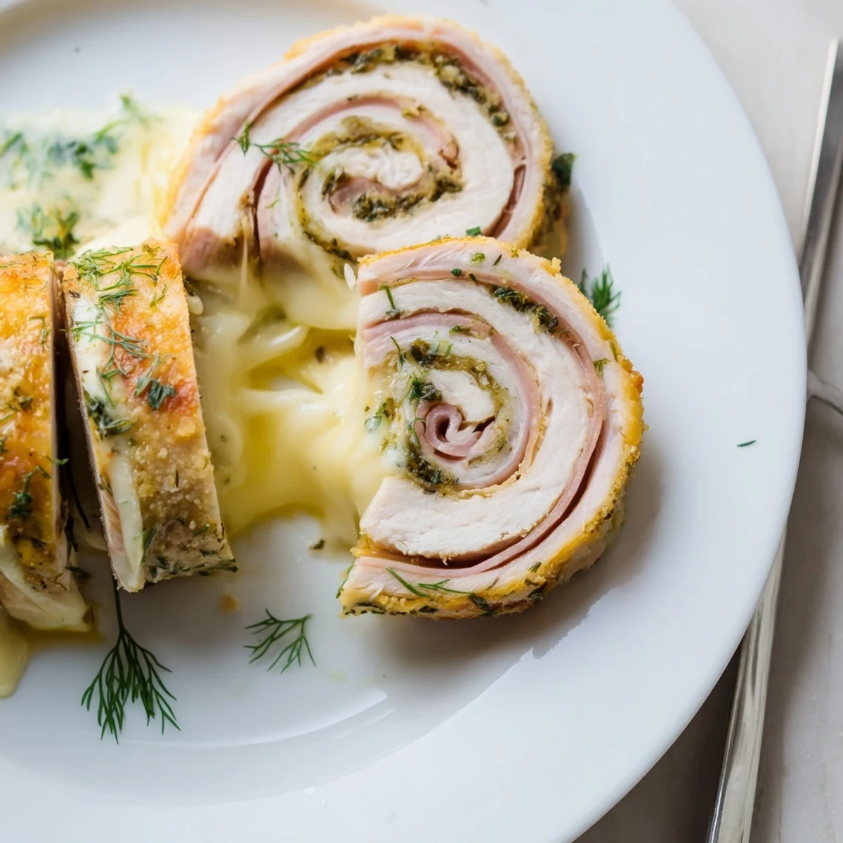 Crispy Pickle Brined Chicken Rolls sliced, golden crust, oozing melted cheese
