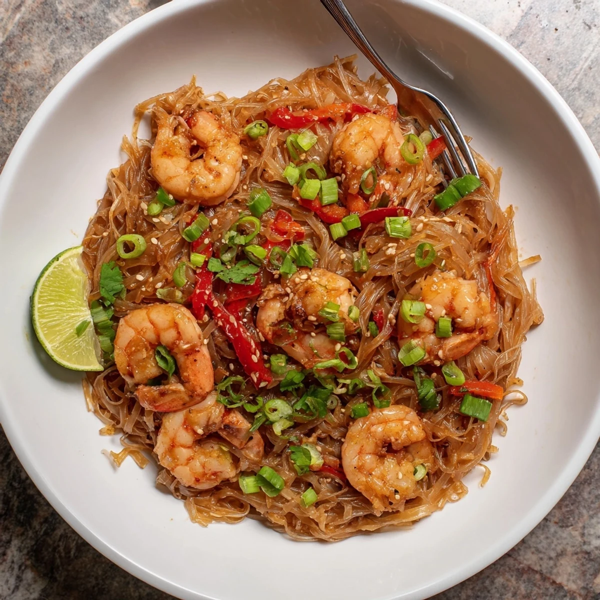 Spicy Garlic Shrimp Noodles Recipe with glossy noodles, fragrant garlic, lime wedge