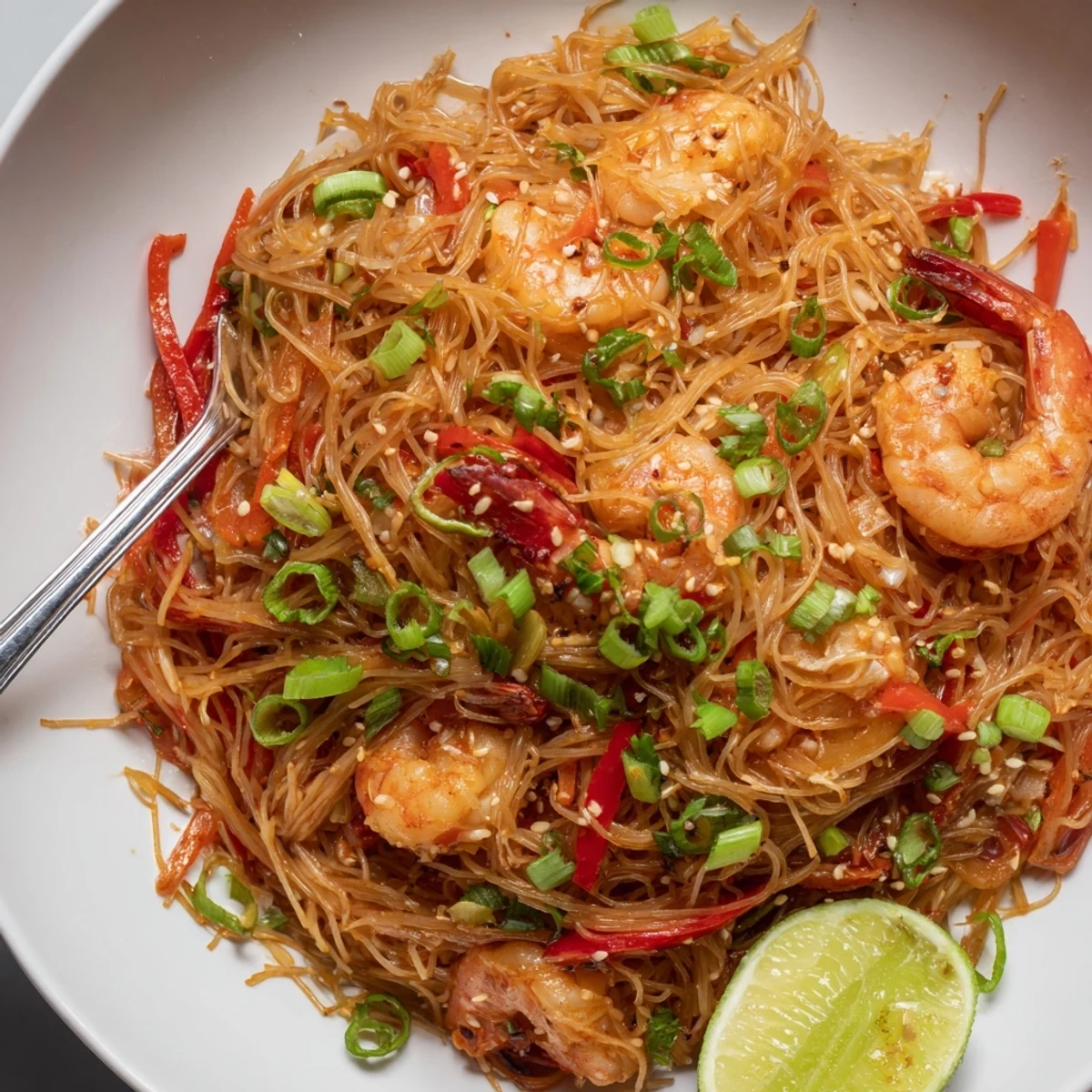 Family-style serving of Spicy Garlic Shrimp Noodles Recipe, cilantro and lime garnish