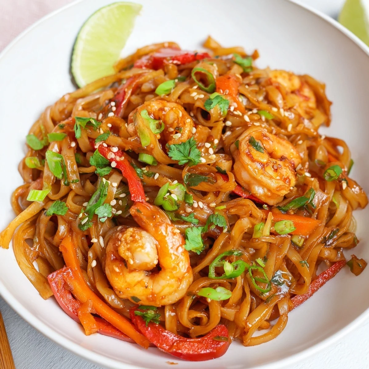 Pan-seared shrimp and spicy sauce over rice noodles — Spicy Garlic Shrimp Noodles Recipe