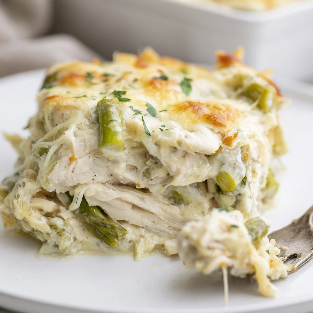 Creamy Chicken Asparagus Bake bubbling golden, tender chicken with bright asparagus spears