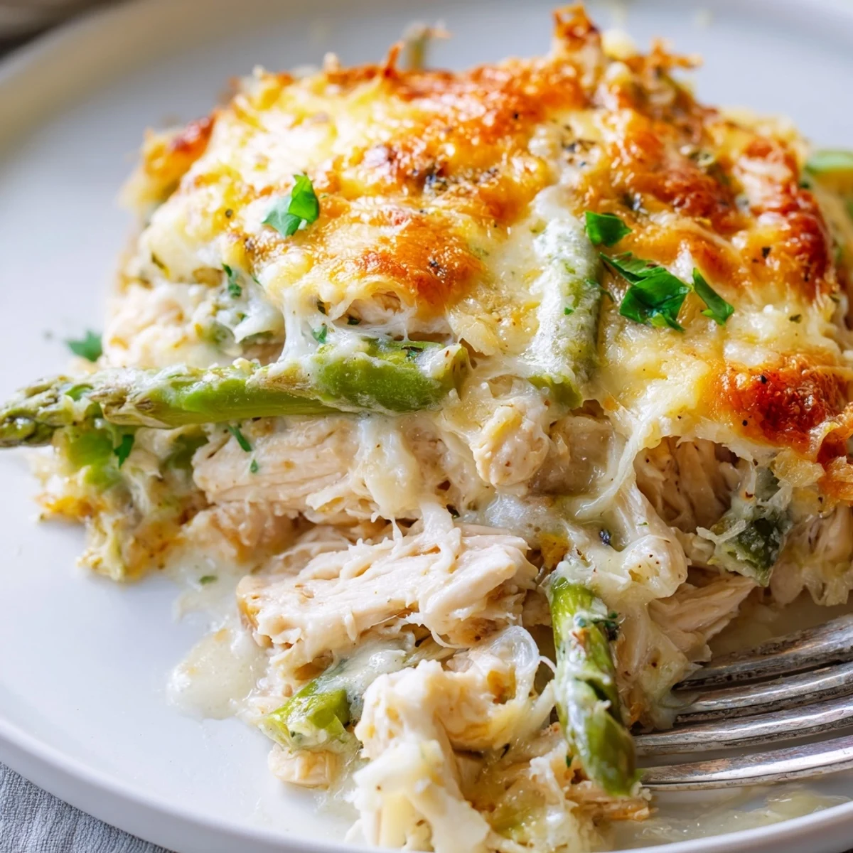 Creamy Chicken Asparagus Bake served hot, creamy sauce coating roasted chicken and asparagus