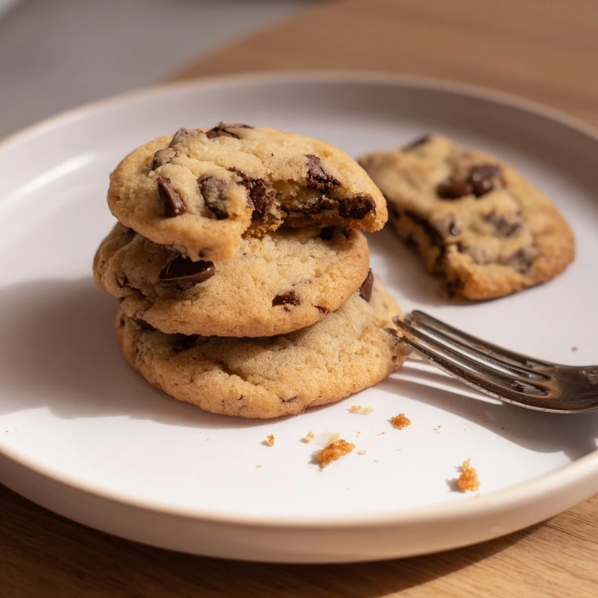 Stacked Chocolate Chip Cookies beside cold milk, chewy centers and crisp edges