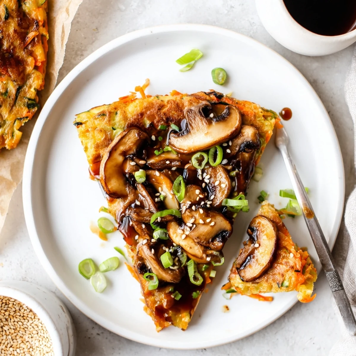 Vegan Kimchi Pancake With Tamari Mushrooms, crispy edges and savory tamari glaze  