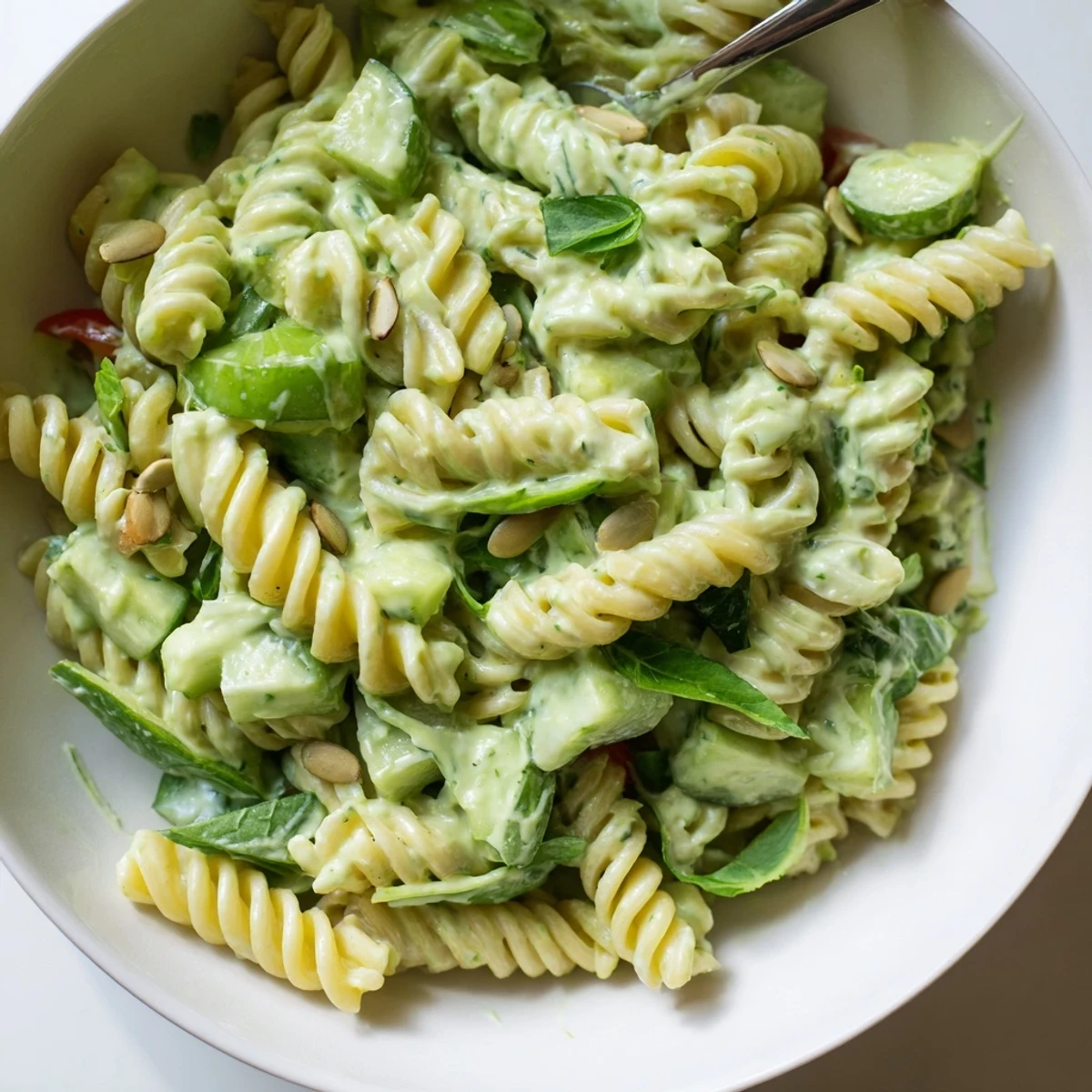 Green Goddess Pasta Salad with creamy herb dressing, crisp cucumbers, and avocado