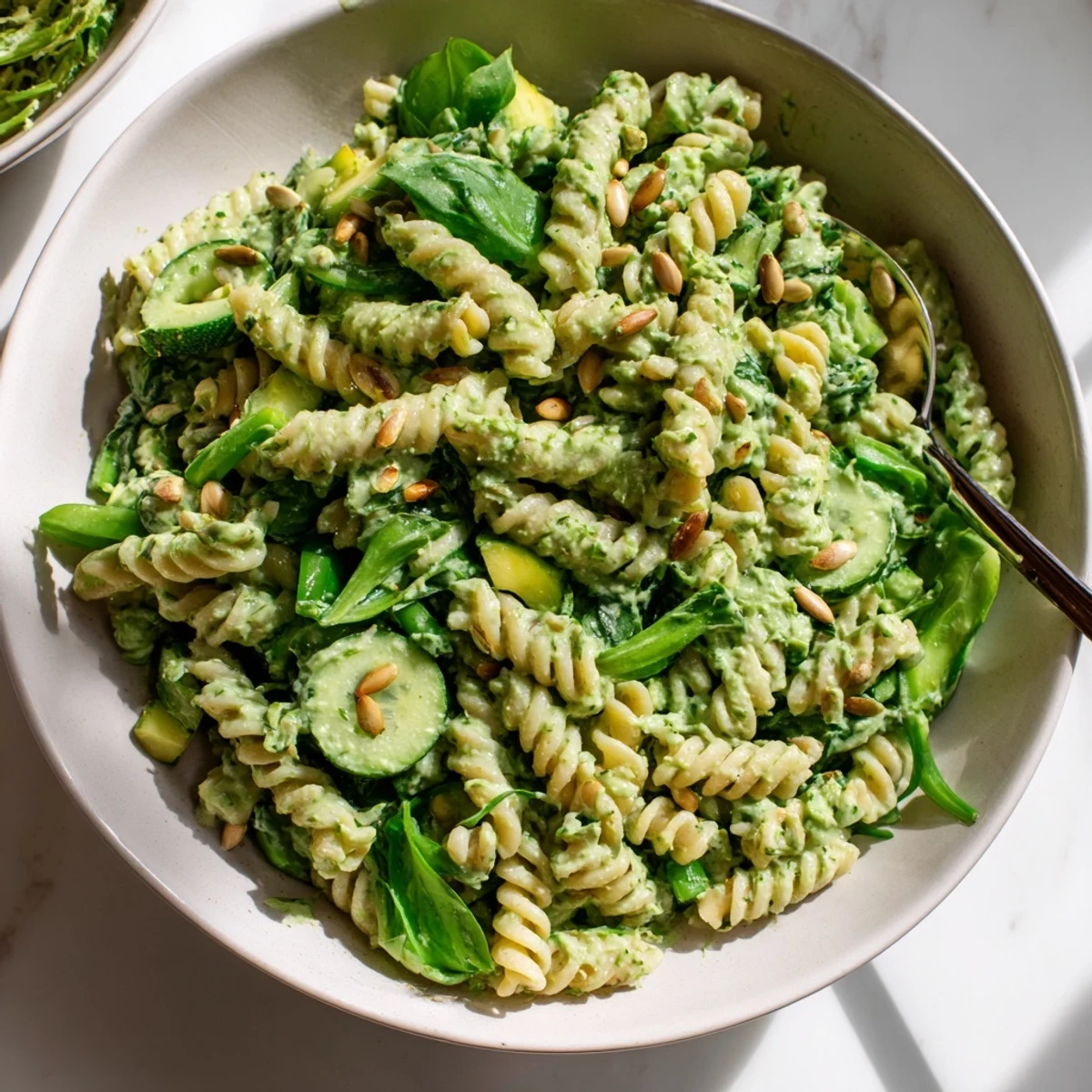 Chilled Green Goddess Pasta Salad tossed with cherry tomatoes, spinach, toasted seeds