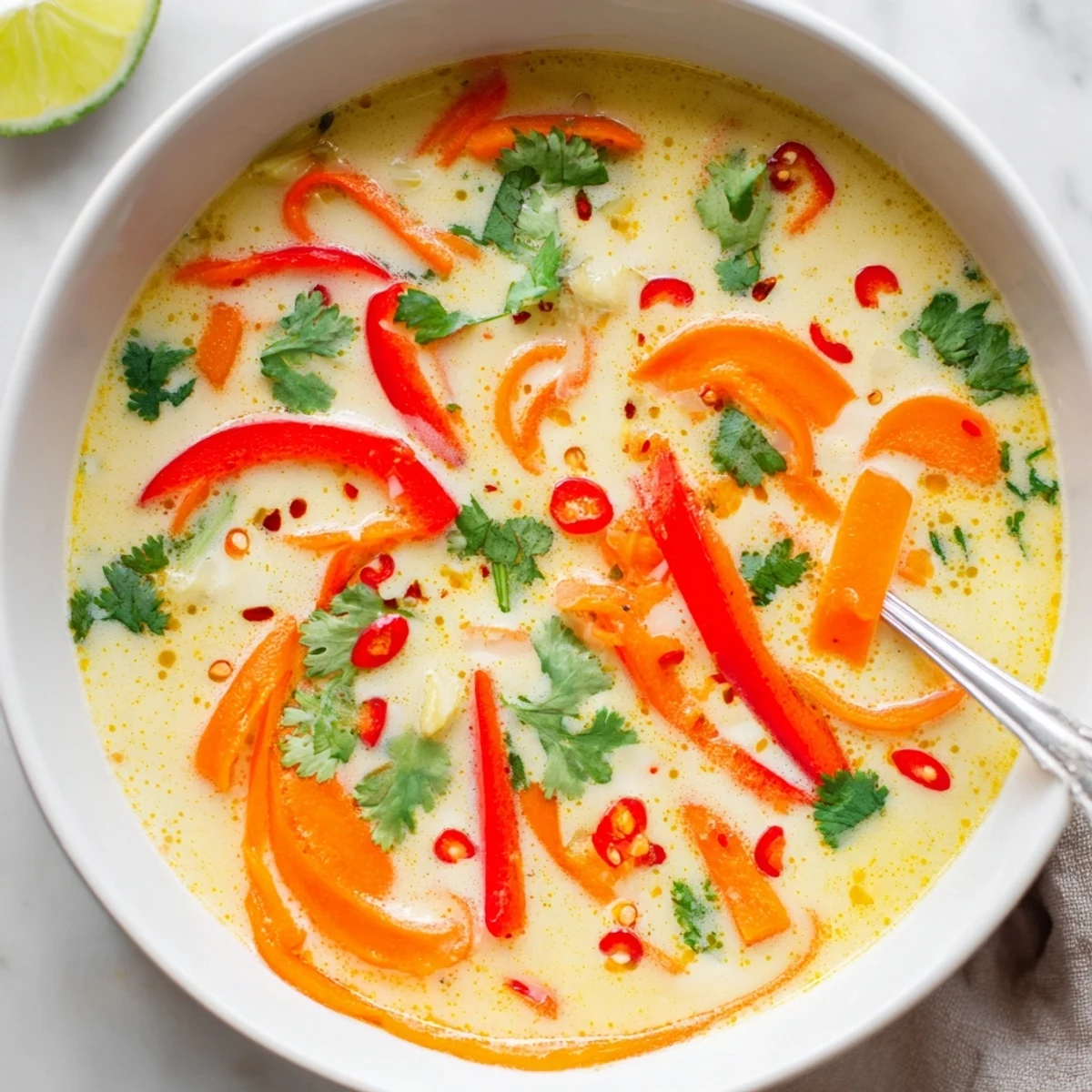 Steaming bowl of Ginger Lemongrass Coconut Soup, fragrant with lime and cilantro