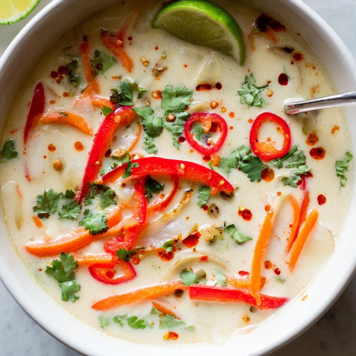 Hearty Ginger Lemongrass Coconut Soup ladled over rice noodles, bright citrus aroma