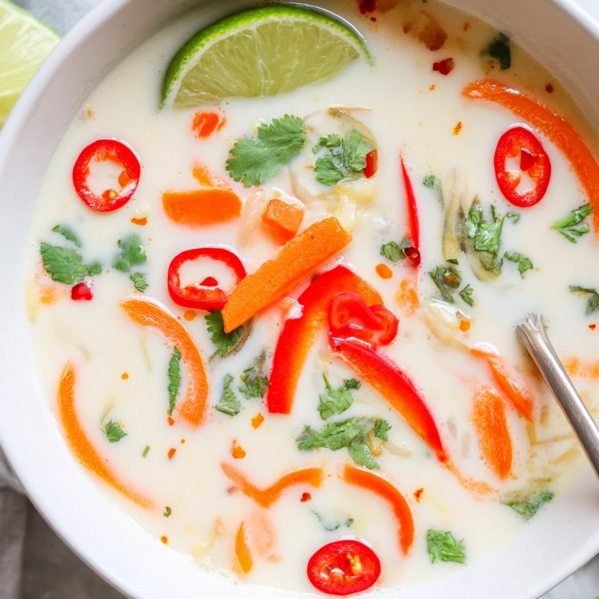 Creamy Ginger Lemongrass Coconut Soup topped with sliced chili and fresh cilantro